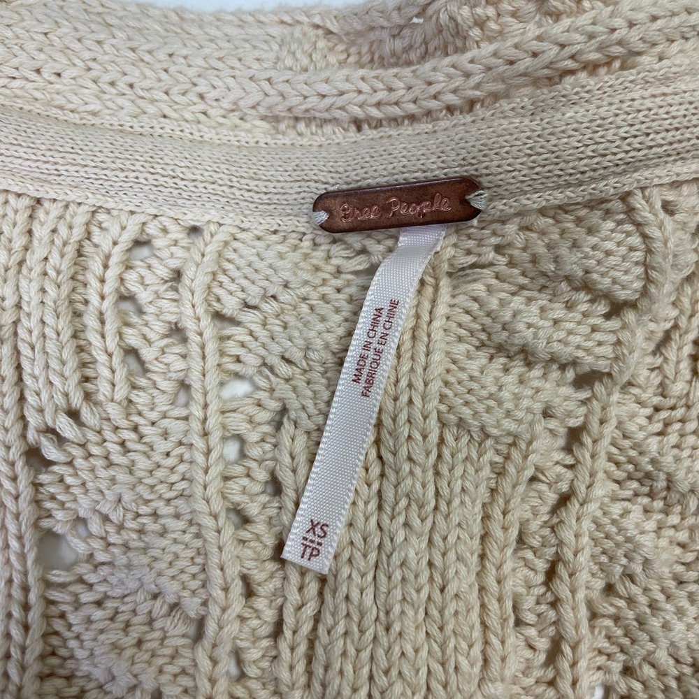 Free People Cream Pointelle Cable Knit Wrap Cardigan XS Puff Sleeve Cropped - Picture 9 of 14